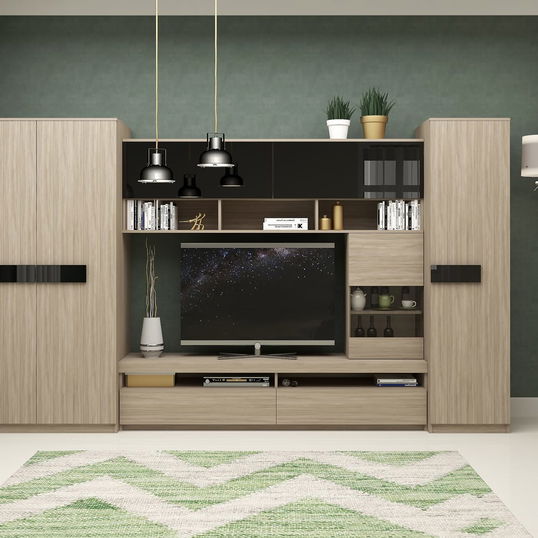 Mobila living SYSTEM, compozitie B, 315 cm, Oak, MDF Negru Gloss