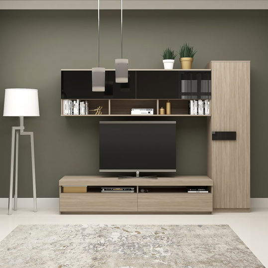 Mobila living SYSTEM, compozitie C, 225 cm, Oak, MDF Negru Gloss