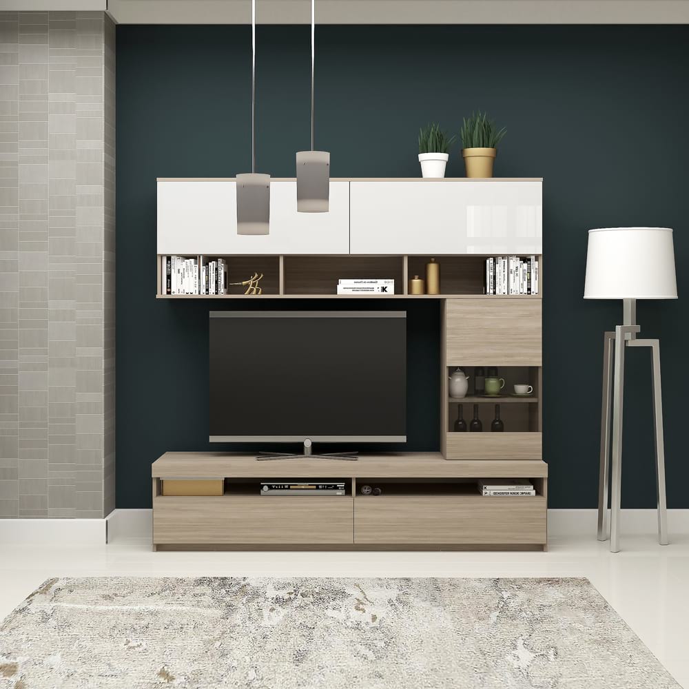 Mobila living SYSTEM, compozitie A, 180 cm, Oak, MDF Alb Gloss