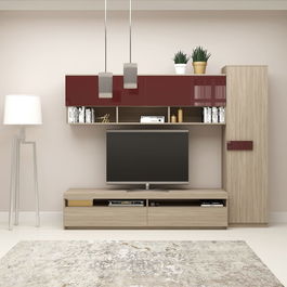 Mobila living SYSTEM, compozitie C, 225 cm, Oak, MDF Bordo Gloss