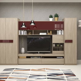 Mobila living SYSTEM, compozitie B, 315 cm, Oak, MDF Bordo Gloss