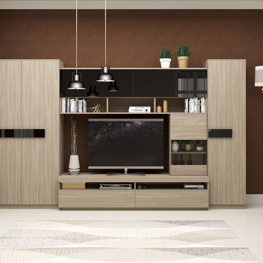 Mobila living SYSTEM, compozitie A, 315 cm, Oak, MDF Negru Gloss