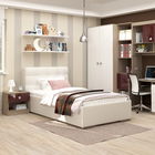 Dormitor copii MODUS 1, pat tapitat, noptiera, ansamblu birou, Oak, Alb, Bordo Gloss