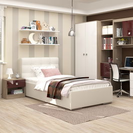 Dormitor copii MODUS 1, pat tapitat, noptiera, ansamblu birou, Oak, Alb, Bordo Gloss