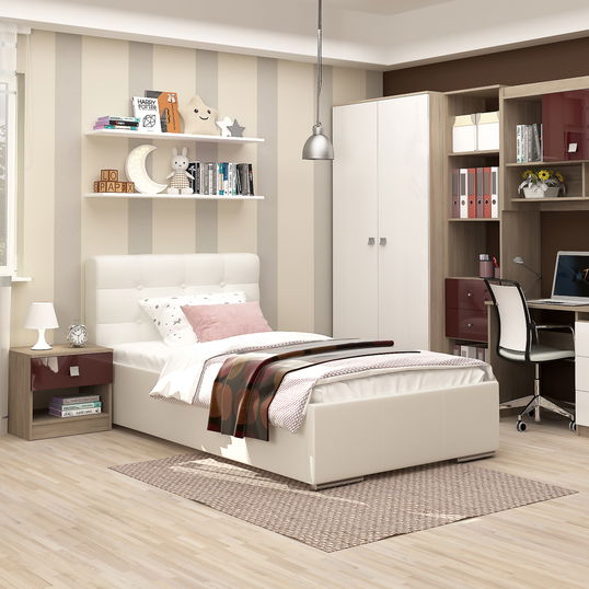 Dormitor copii MODUS 1, pat tapitat, noptiera, ansamblu birou, Oak, Alb, Bordo Gloss