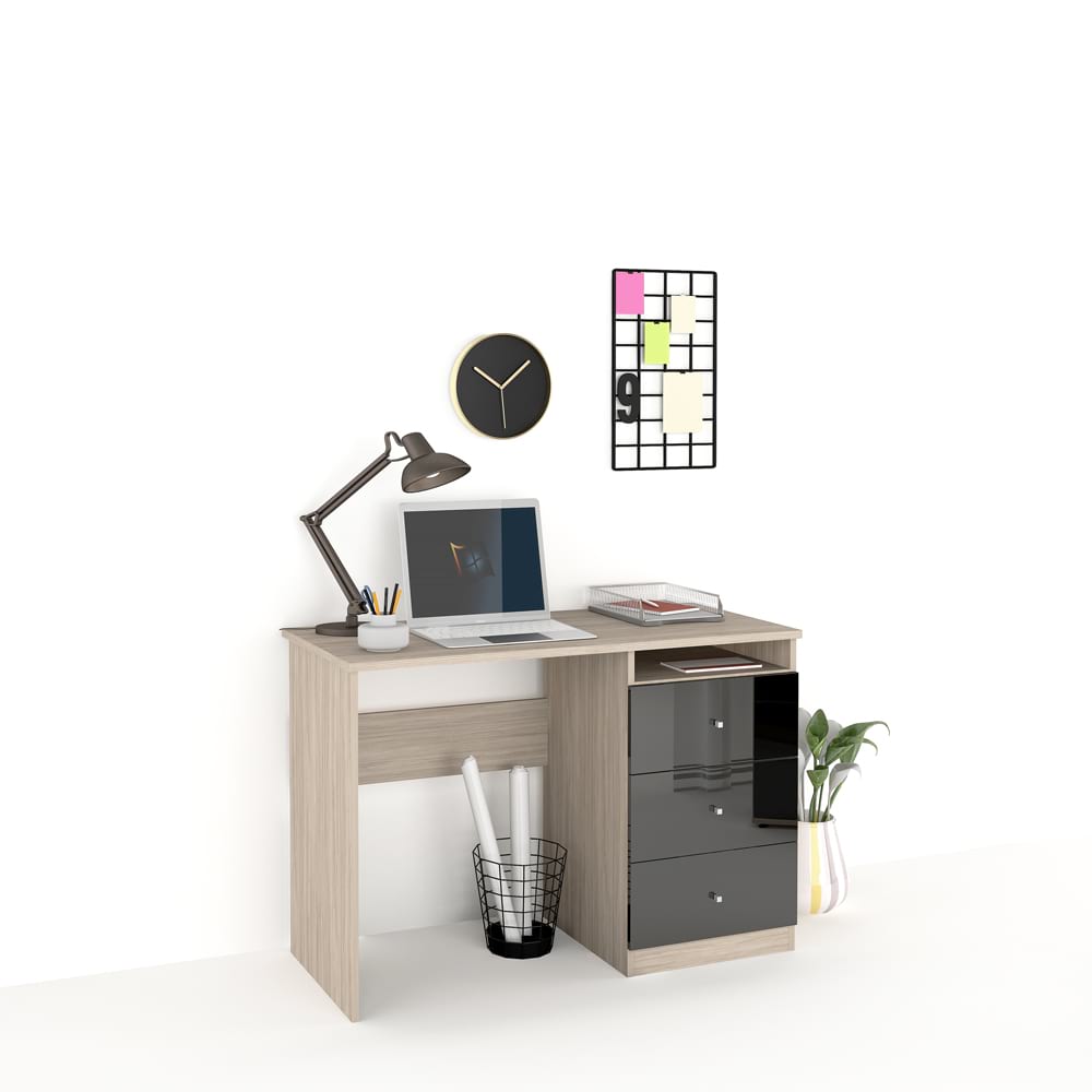 Birou MODUS 3 sertare, Oak, Negru Gloss