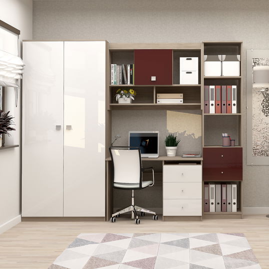 Ansamblu birou MODUS 3, PAL Oak, MDF Alb, Bordo Gloss