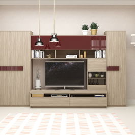 Mobila living SYSTEM, compozitie A, 315 cm, Oak, MDF Bordo Gloss