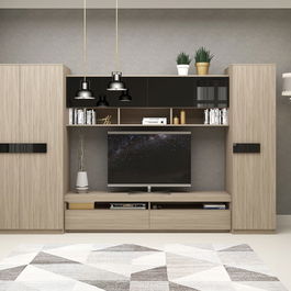 Mobila living SYSTEM, compozitie D, 315 cm, Oak, MDF Negru Gloss