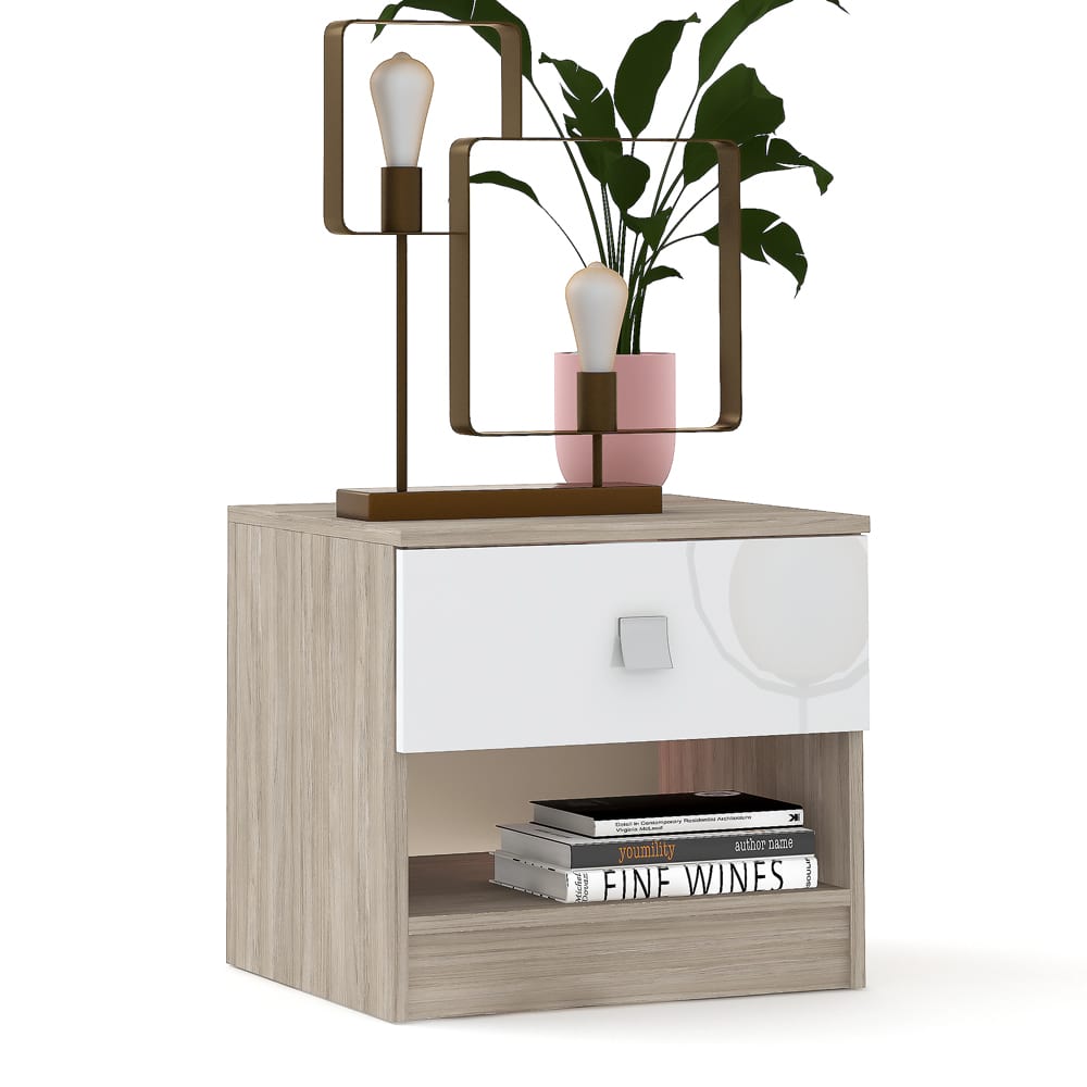 Noptiera LINEA 1 sertar, Oak, Alb Gloss