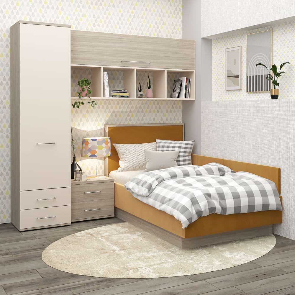 Dormitor copii pe colt RIALTO, configuratia RIA2, 90x200, Oak, Vizon, Catifea Galben Mustar