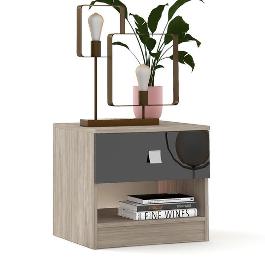 Noptiera LINEA 1 sertar, Oak, Negru Gloss
