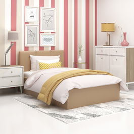 Pat copii tapitat SERENA 90cm, cu suport saltea fix, piele eco Cappuccino