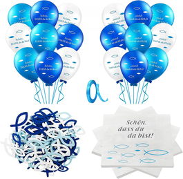 Set aniversar KOHMUI, latex/hartie/lemn, alb/albastru, 84 piese