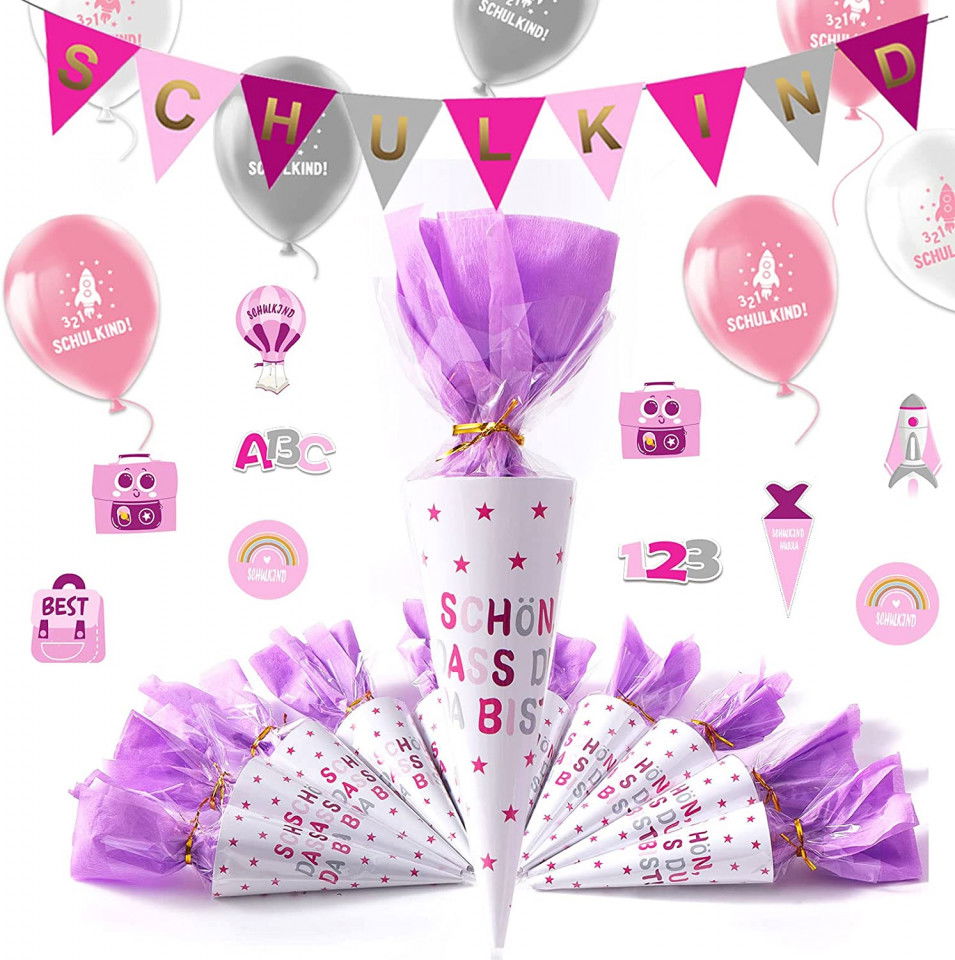 Set decoratiuni pentru inceperea scolii ANYUNKEY, latex, roz/mov, 57 piese
