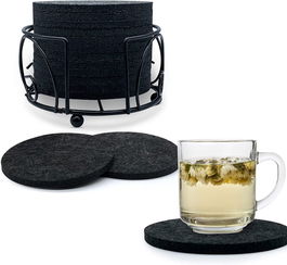 Set de 12 coastere cu suport InJolly, pasla/metal, negru, 10 cm