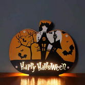 Decoratiune pentru Halloween, model dovleac, LED, lemn, 23,5 x 19,7 cm