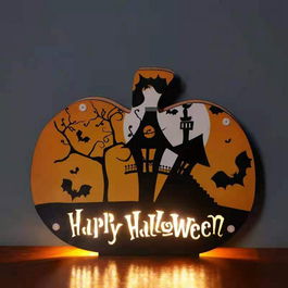 Decoratiune pentru Halloween, model dovleac, LED, lemn, 23,5 x 19,7 cm