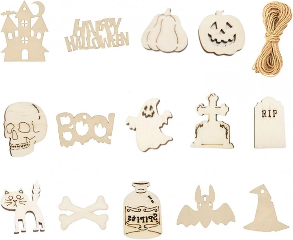 Set 14 decoratiuni de Halloween Jingyukj, lemn, alb, 3m
