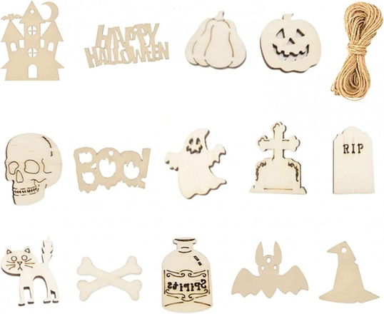 Set 14 decoratiuni de Halloween Jingyukj, lemn, alb, 3m