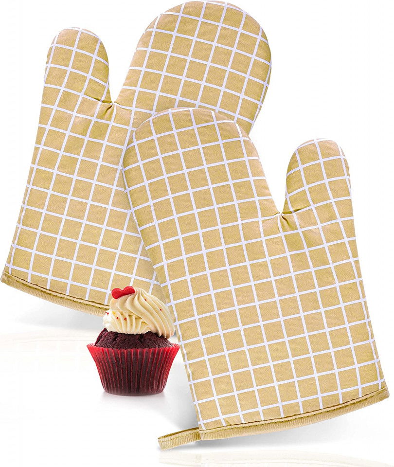 Set 2 manusi pentru cuptor Liagué, bej/alb, bumbac matlasat , 18 x 28 cm