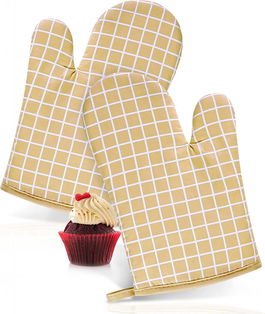 Set 2 manusi pentru cuptor Liagué, bej/alb, bumbac matlasat , 18 x 28 cm