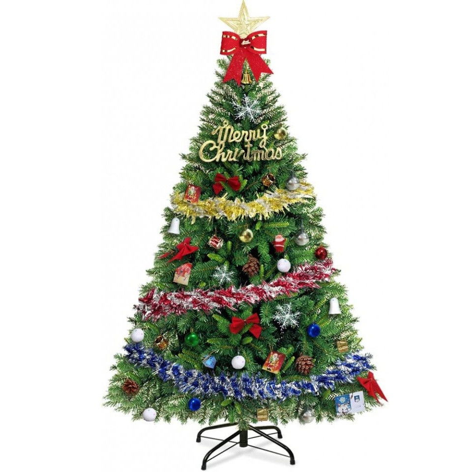 Brad artificial de Craciun Uniguardian, cu suport si decoratiuni, plastic/PVC, multicolor, 90 x 150 cm
