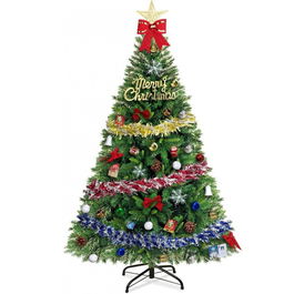 Brad artificial de Craciun Uniguardian, cu suport si decoratiuni, plastic/PVC, multicolor, 90 x 150 cm