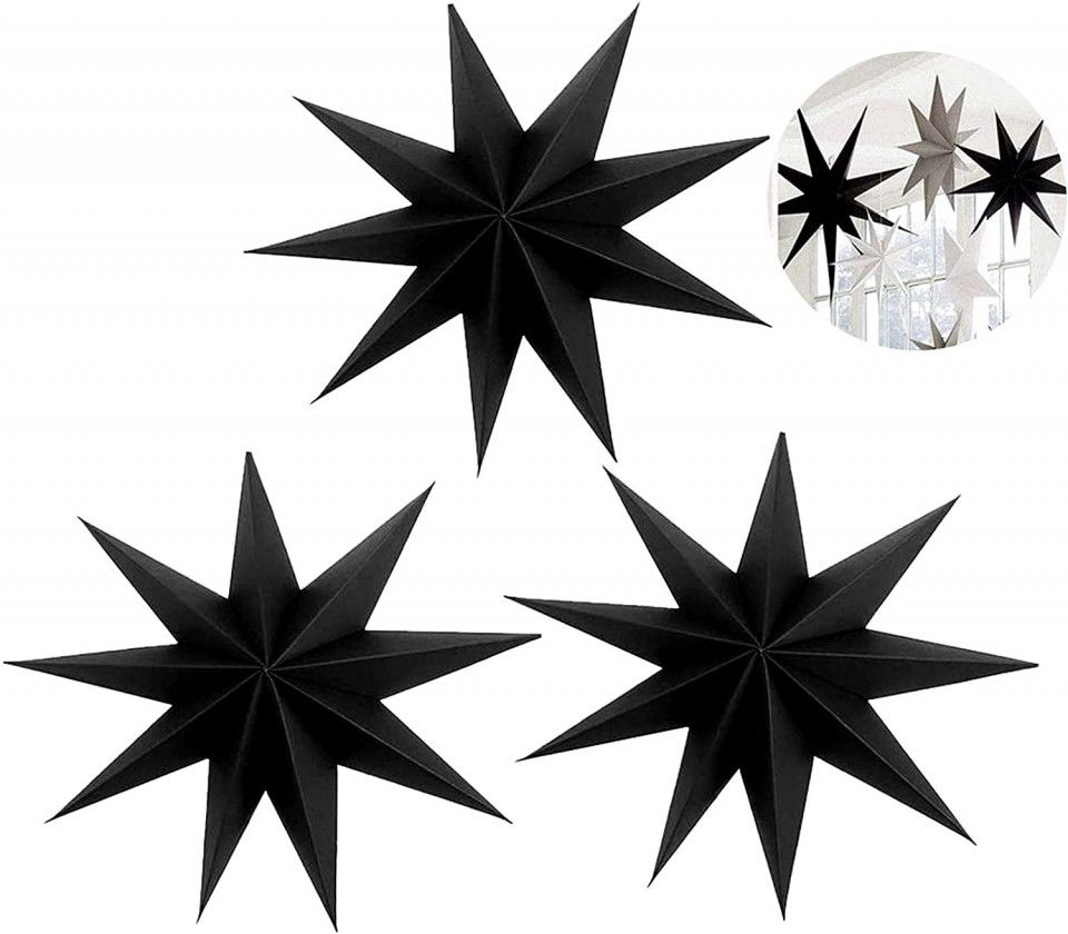 Set de 3 stelute suspendate Sunshine smile, negru, hartie, 30 x 30 cm