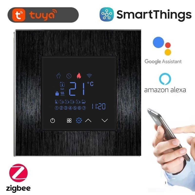 Termostat inteligent Zigbee pentru incalzire in pardoseala pe baza de apa, cu rama de aluminiu