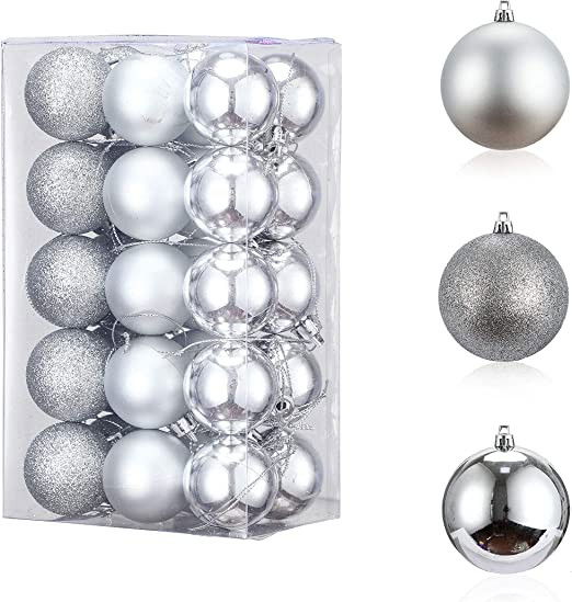 Set de 30 de globuri de Craciun LessMo, plastic, argintiu 6 cm