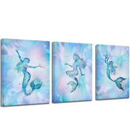 Set de 3 tablouri sirena KEKEMONO, albastru, lemn/carton/plastic/metal, 30 x 40 cm