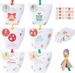 Set de 24 pungi cu autocolante pentru calendar de advent Sweelov, hartie/textil, multicolor, 6 x 6 x 10 cm