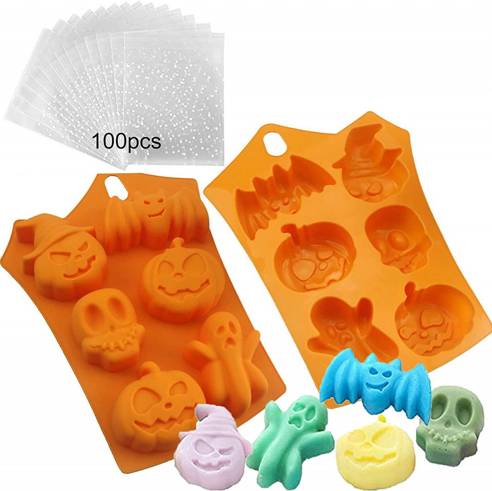 Set de 2 forme si 100 pungi pentru bomboane de Halloween AOTOPYU, silicon, portocaliu, 23 x 16,5 cm