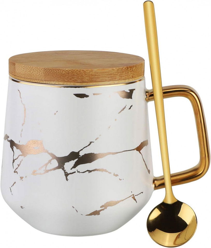 Set cana cu lingurita si capac Richaa, ceramica/lemn/inox, auriu/alb/natur, 12 x 9,5 cm