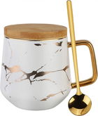 Set cana cu lingurita si capac Richaa, ceramica/lemn/inox, auriu/alb/natur, 12 x 9,5 cm