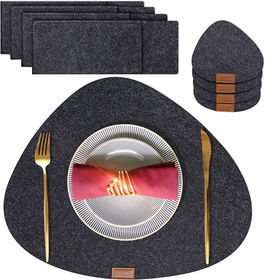Set de 4 naproane pentru farfurii, 4 pentru cani/pahare si 4 suporturi pentru tacamuri Woollo, pasla, gri
