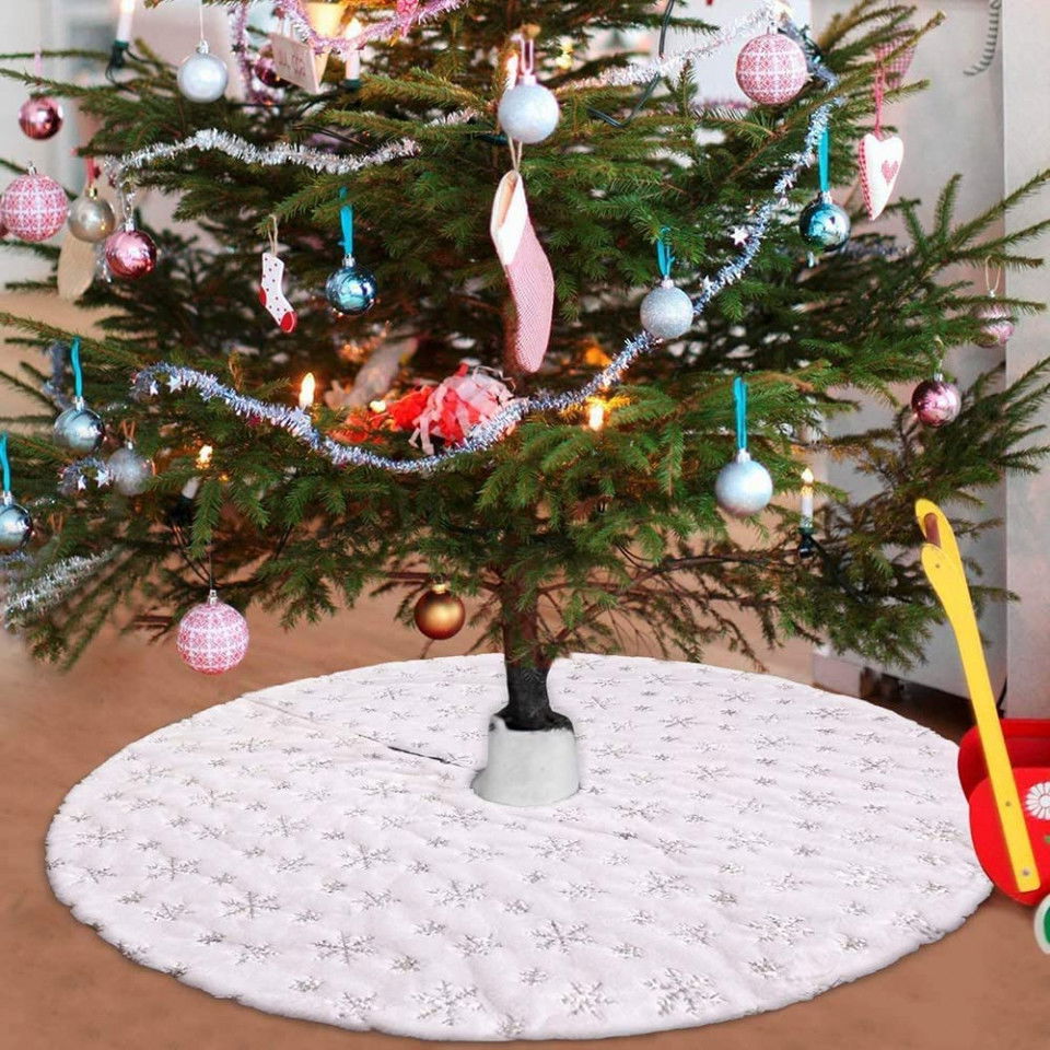 Covor pentru bradul de Craciun Tenwo, poliester, alb/argintiu, 90 cm