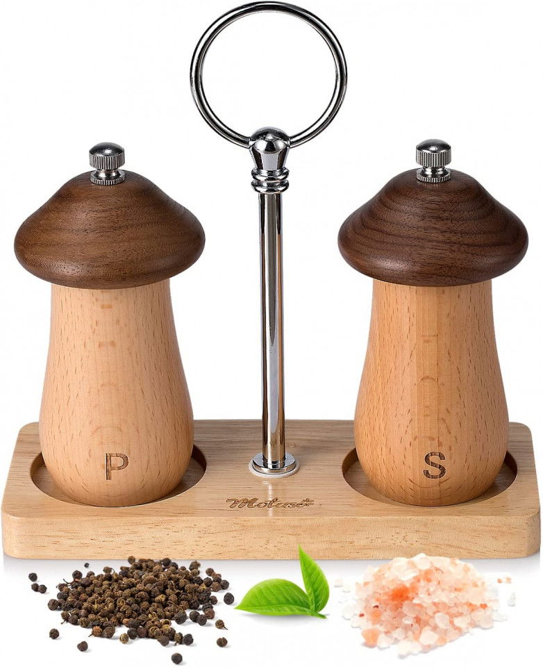 Set de 2 rasnite sare si piper cu suport Motase, lemn/metal, natur/brun/argintiu, 17 x 17,5 cm / 6 x 12 cm
