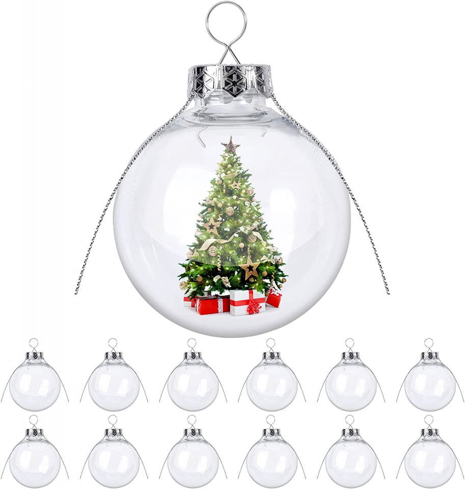 Set de 12 globuri BLAZOR, plastic, transparent/argintiu, 6 cm