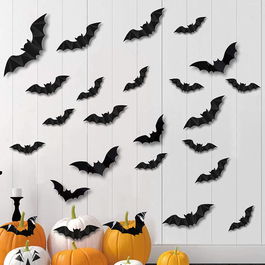 Set de 28 autocolante cu lilieci pentru Halloween AJDSK, negru, PVC, 30 x 7,6 cm / 20 x 5 cm / 12 x 3,8 cm