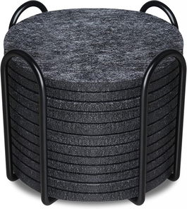 Set de 12 coastere cu suport metalic Hoomil, pasla/metal, gri inchis, 10 cm