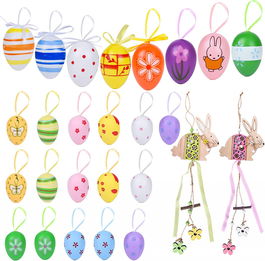 Set de 12 oua colorate de Paste si 2 pandative iepuras Ulikey, lemn, multicolor, 4 x 3 cm / 6 x 4 cm