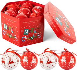Set de 14 globuri de Craciun ABXMAS, plastic, rosu/alb, 7,5 cm