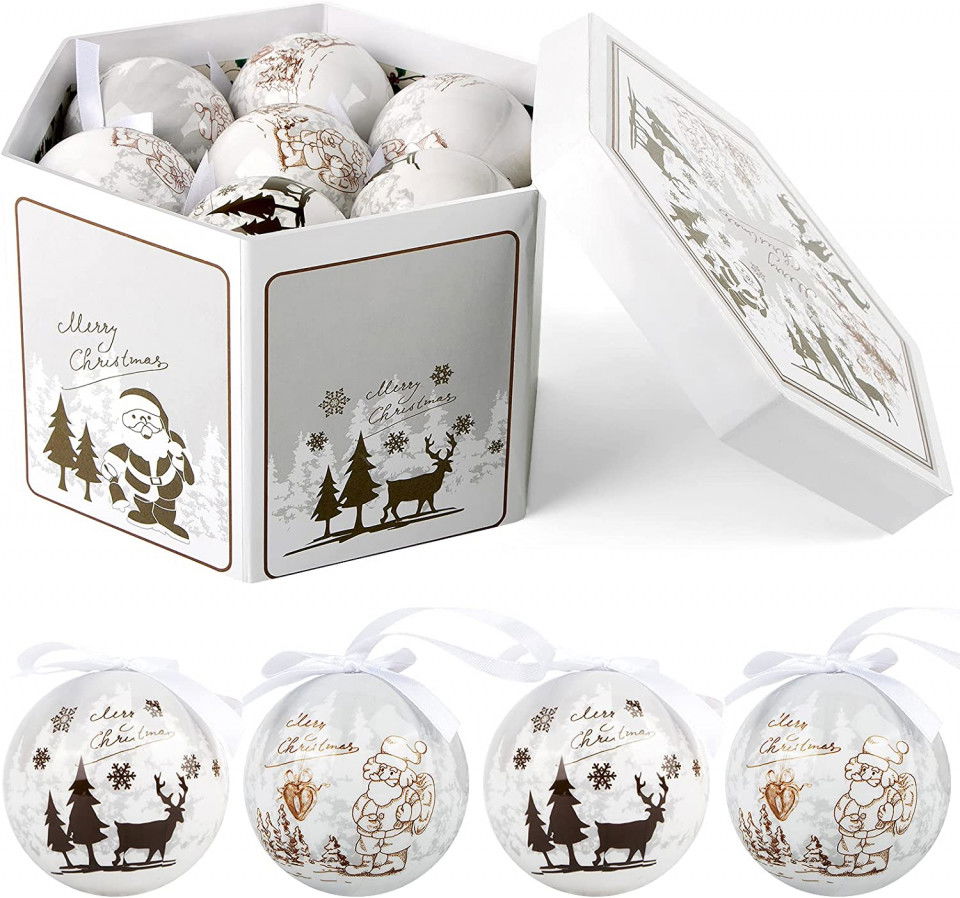 Set de 14 globuri de Craciun ABXMAS, plastic, alb/auriu, 7,5 cm