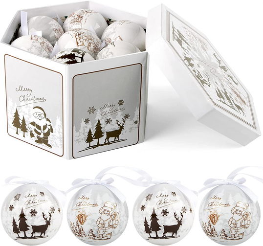 Set de 14 globuri de Craciun ABXMAS, plastic, alb/auriu, 7,5 cm