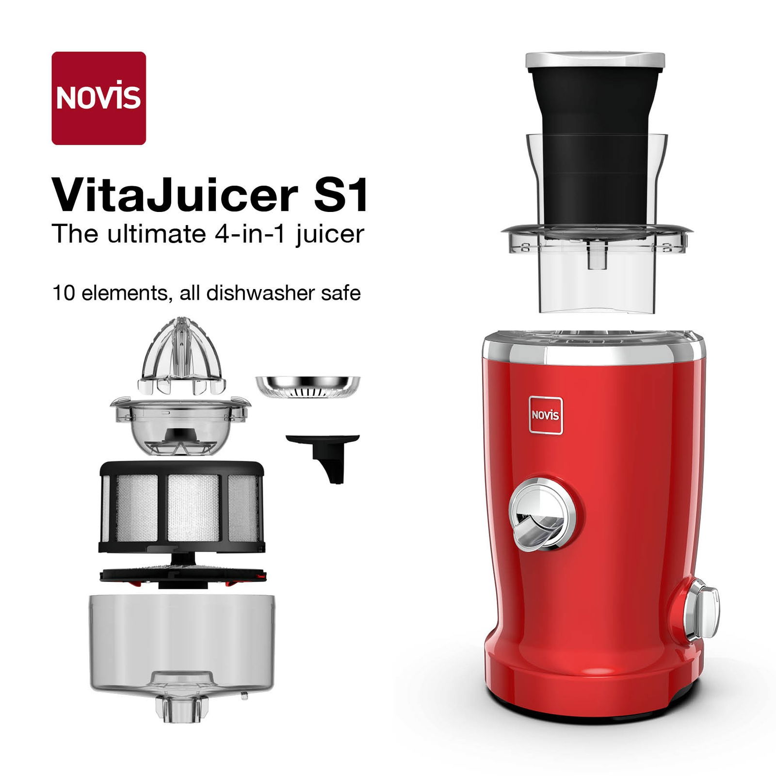 Storcator de fructe si legume cu 4 functii, 240W, Novis VitaJuicer S1 Rosu