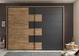 Dulap din pal cu 2 usi glisante Lines Grafit / Stejar, l280xA60xH215 cm