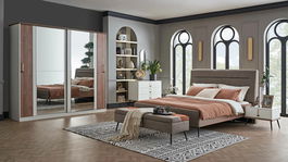 Set Mobila Dormitor din pal si metal, cu pat 200 x 160 cm, 5 piese Larina Alb / Grej