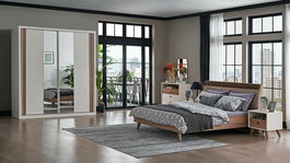 Set Mobila Dormitor din pal, cu pat 200 x 160 cm, 6 piese Mayer Alb / Natur
